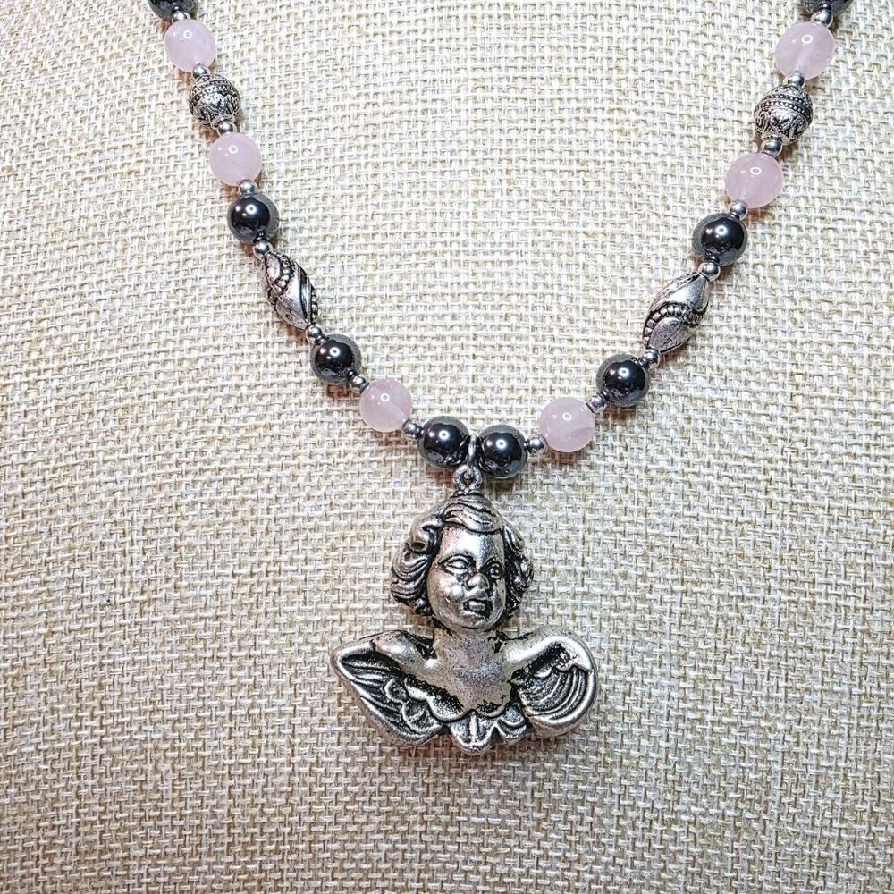 Vtg Hematite Rose Quartz, Sterling Silver Necklace with Cherub Pendant